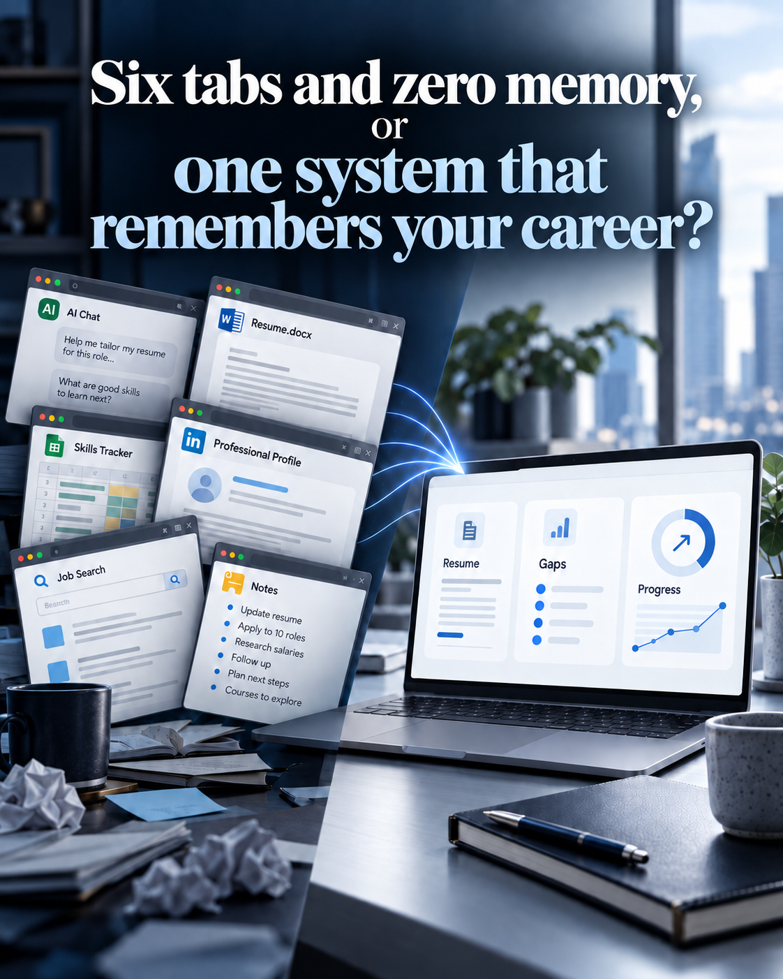 Six scattered job-search tabs on the left drawing together into one organized dashboard on the right